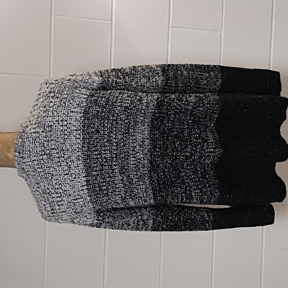 Cardigan Sweater Black Winter White Silver Wide Stripe Large Side Slits - Picture 2 of 11